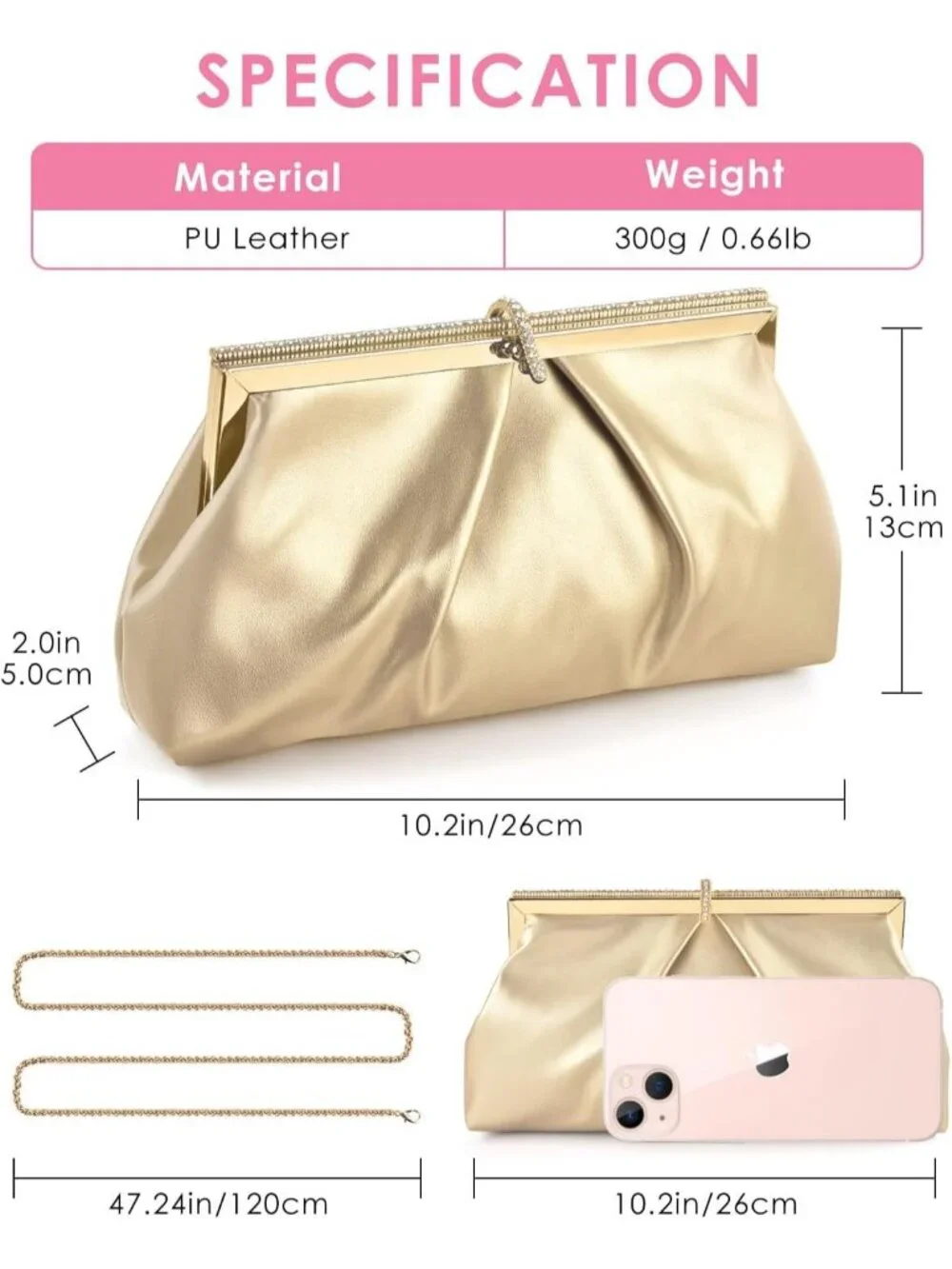 Women's Gold Pu Leather Clutch Purse For Formal Evening Shoulder Party Bag